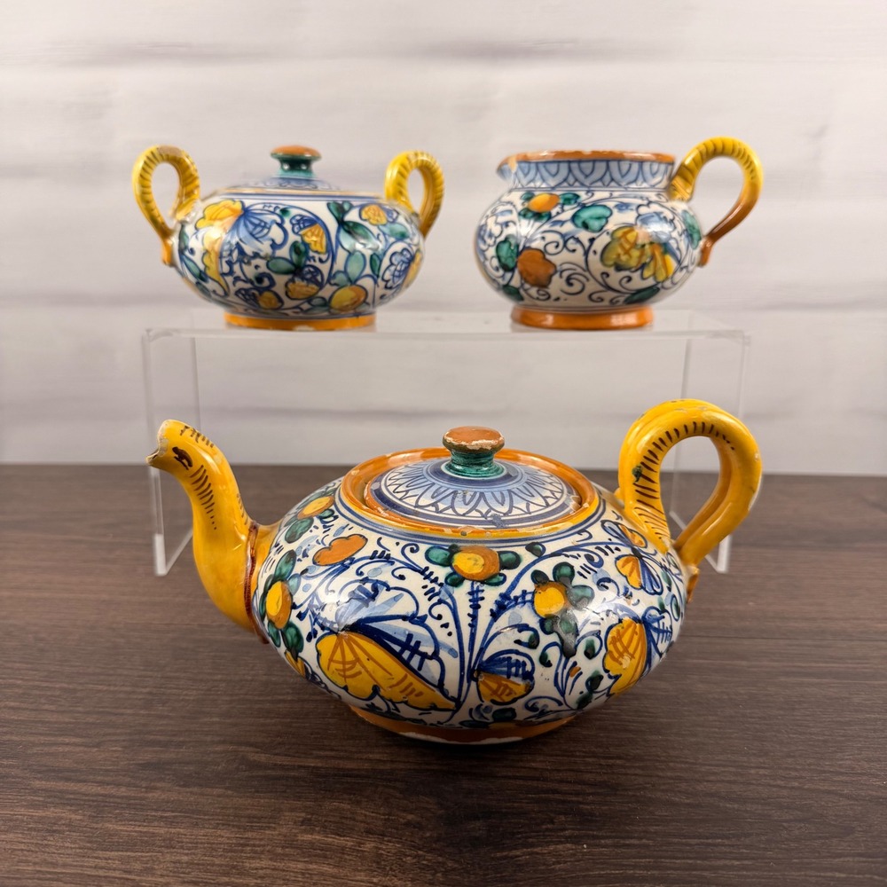 Montelupo Italy Majolica Tea Set Teapot Sugar Creamer Hand Painted